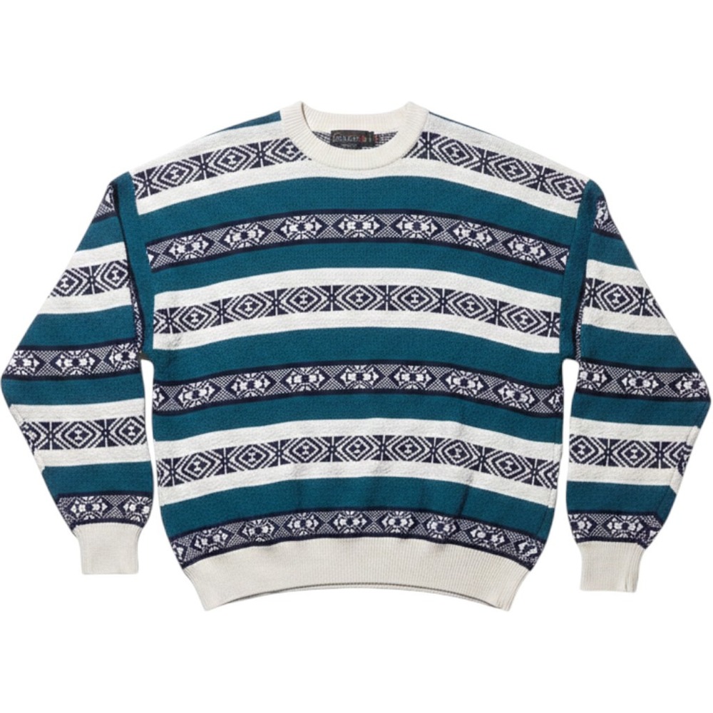 Vintage 417 Van Heusen XL Teal Striped Geometric Fair Isle Coogi Style Crewneck